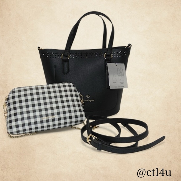 Nanette Lepore Black Vegan Leather Convertible Satchel Gingham Baguette Bag Set